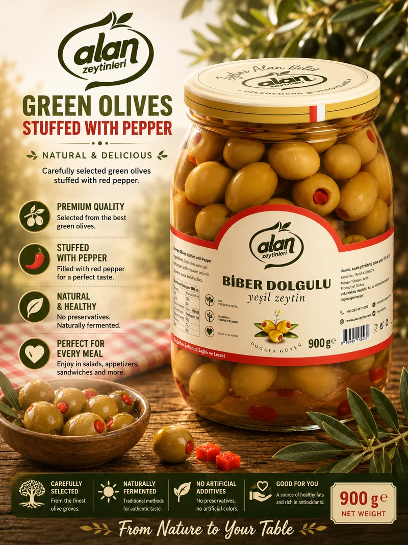 Alan Pepper Stuffed Green Olives (Biber Dolgulu) 900g