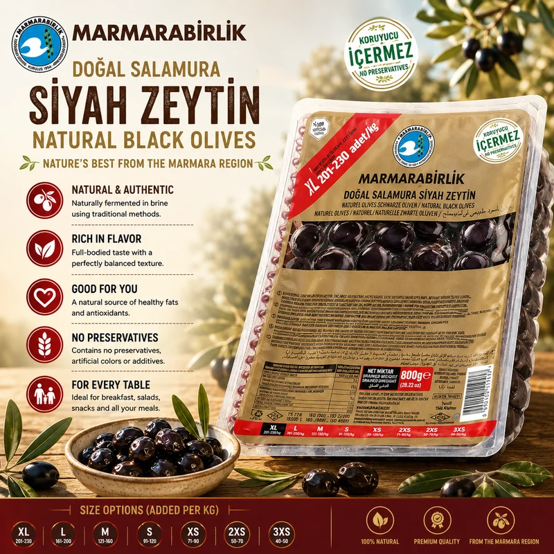 Marmarabirlik Natural Black Olives Mega XL Vacuum Pack 800g