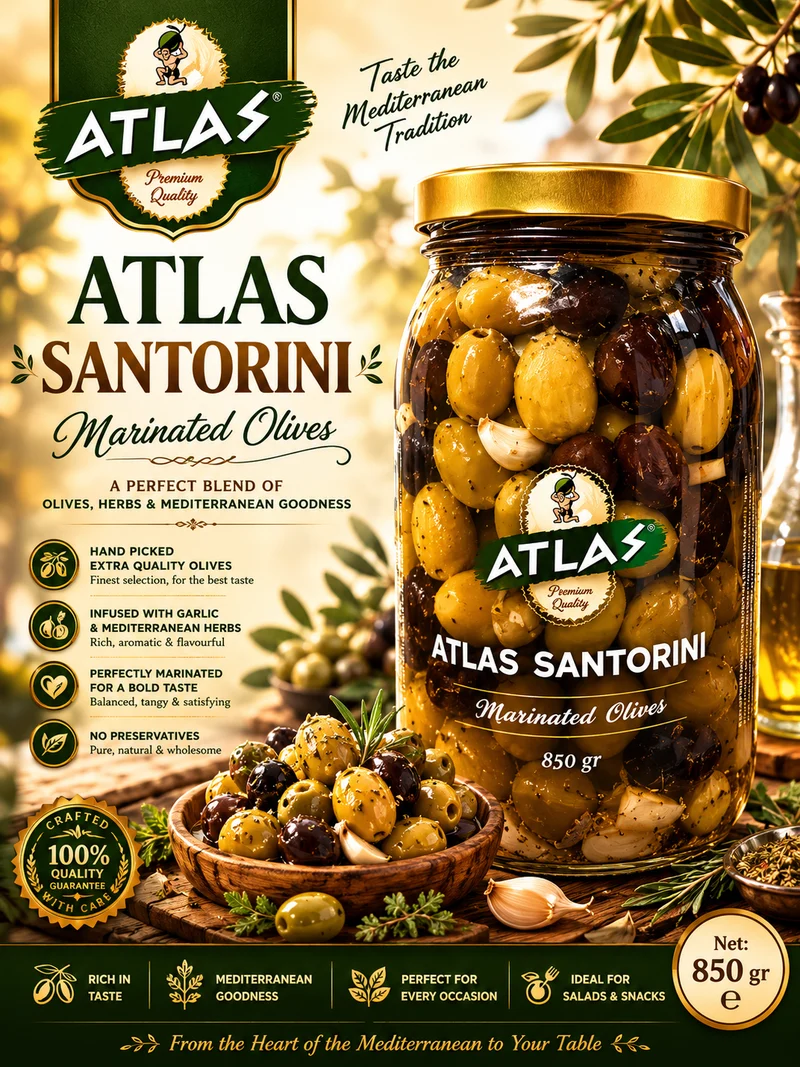 Atlas Santorini Marinated Olives (Santorini Yeşil Zeytin) 850g