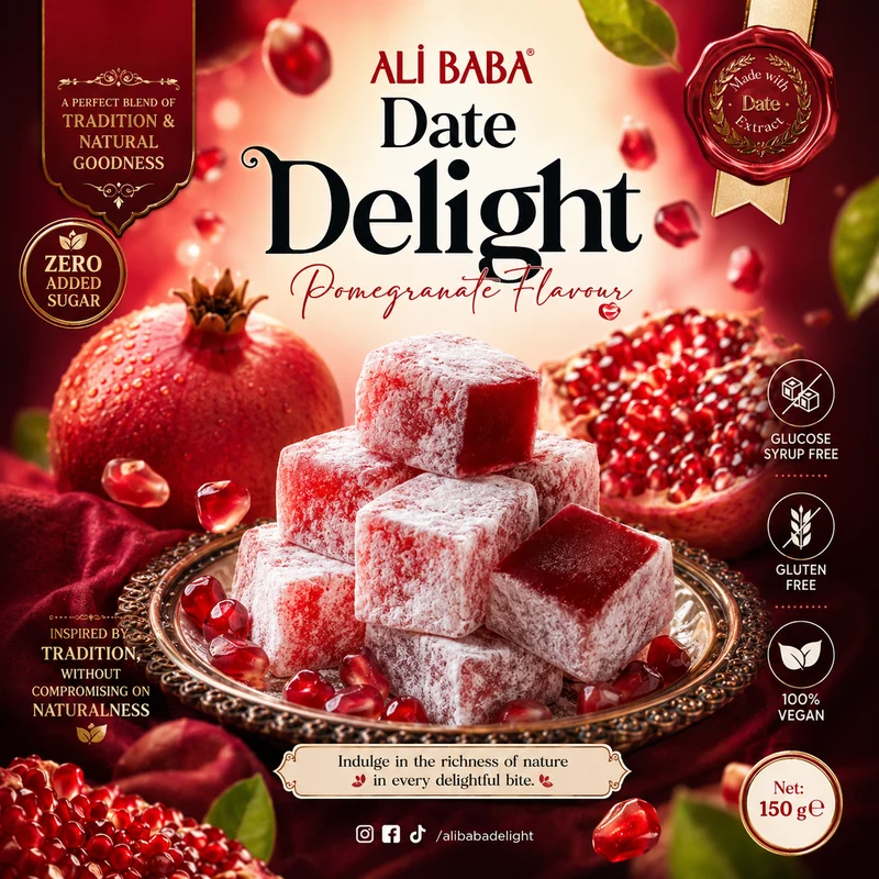 Ali Baba Date Turkish Delight With Pomegranate Flavour - Zero Added Sugar (Nar Aromali Lokum) 150 g