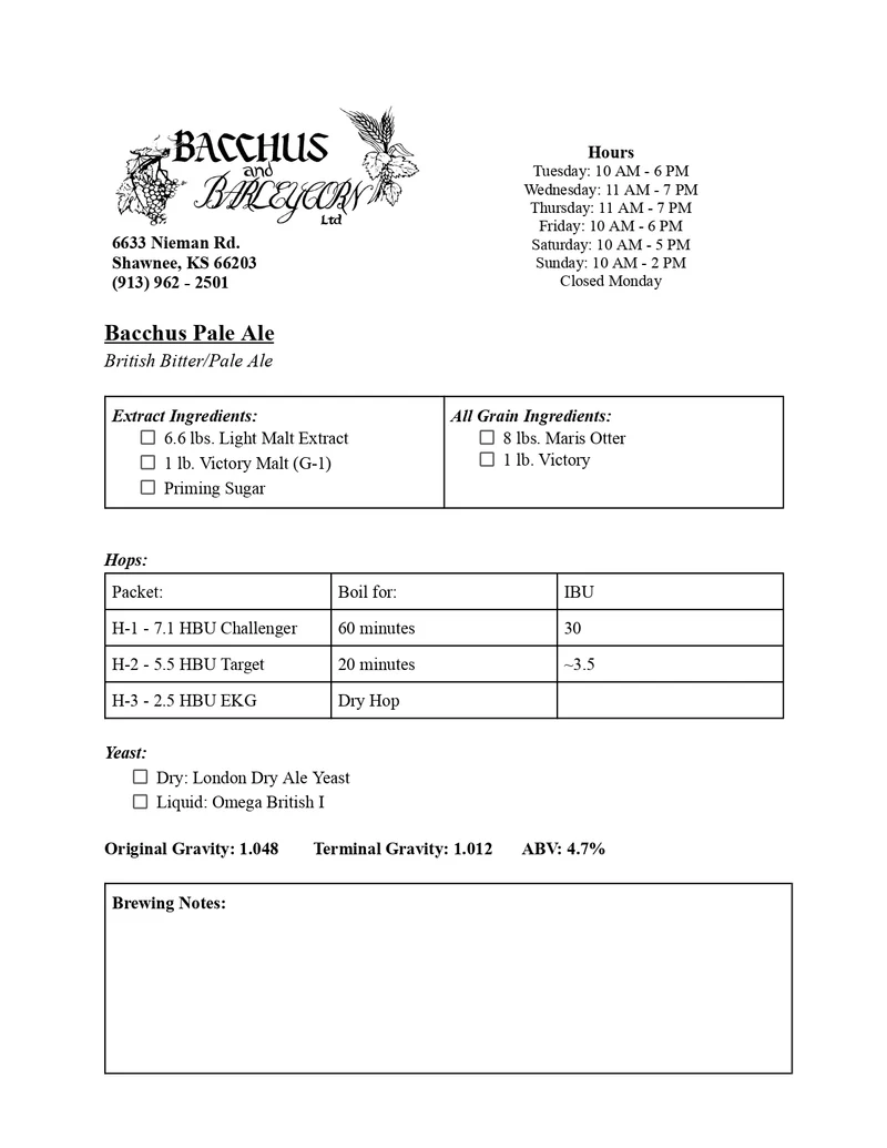 Bacchus Pale Ale Brewing Kit - 5 Gallon (British Bitter/Pale Ale Style)
