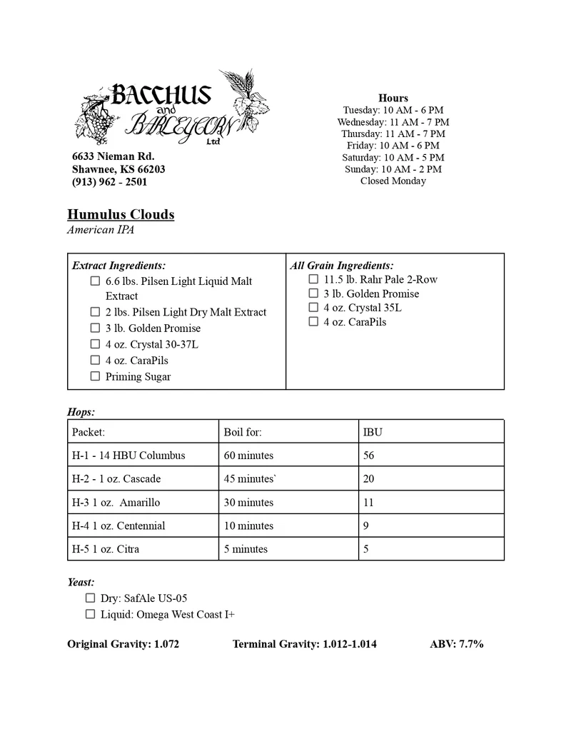 Humulus Clouds Brewing Kit - 5 Gallon (West Coast IPA Style)
