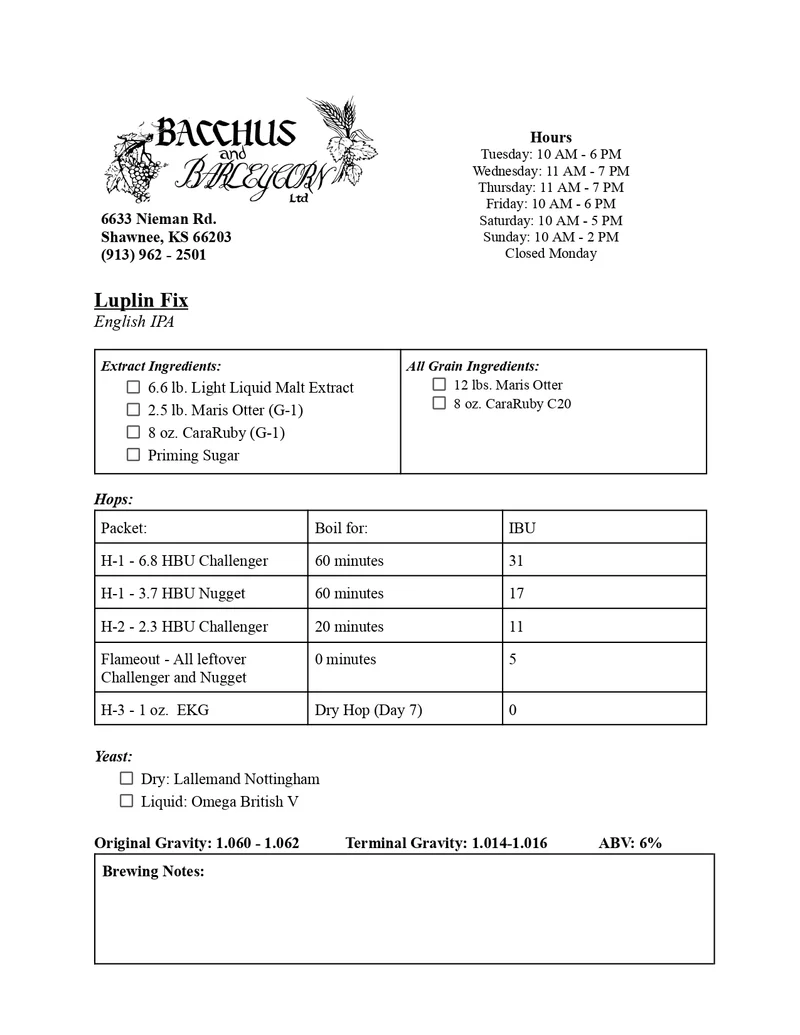 Lupulin Fix Brewing Kit - 5 Gallon (English IPA Style)