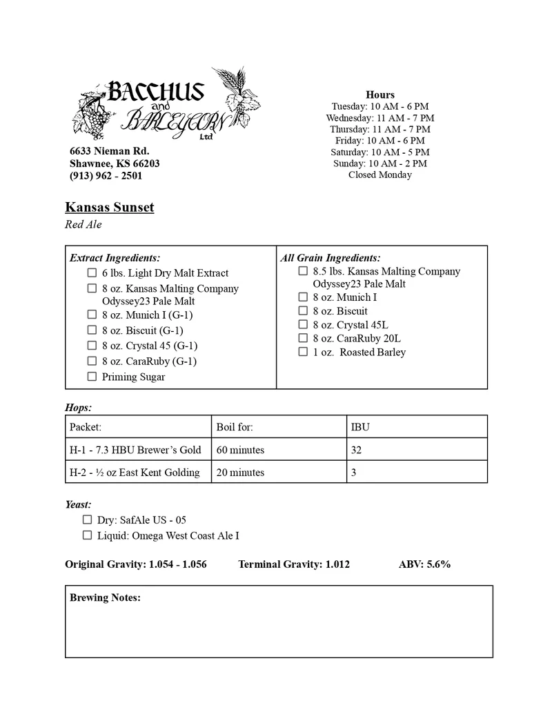 Kansas Sunset Brewing Kit - 5 Gallon (Red Ale Style)