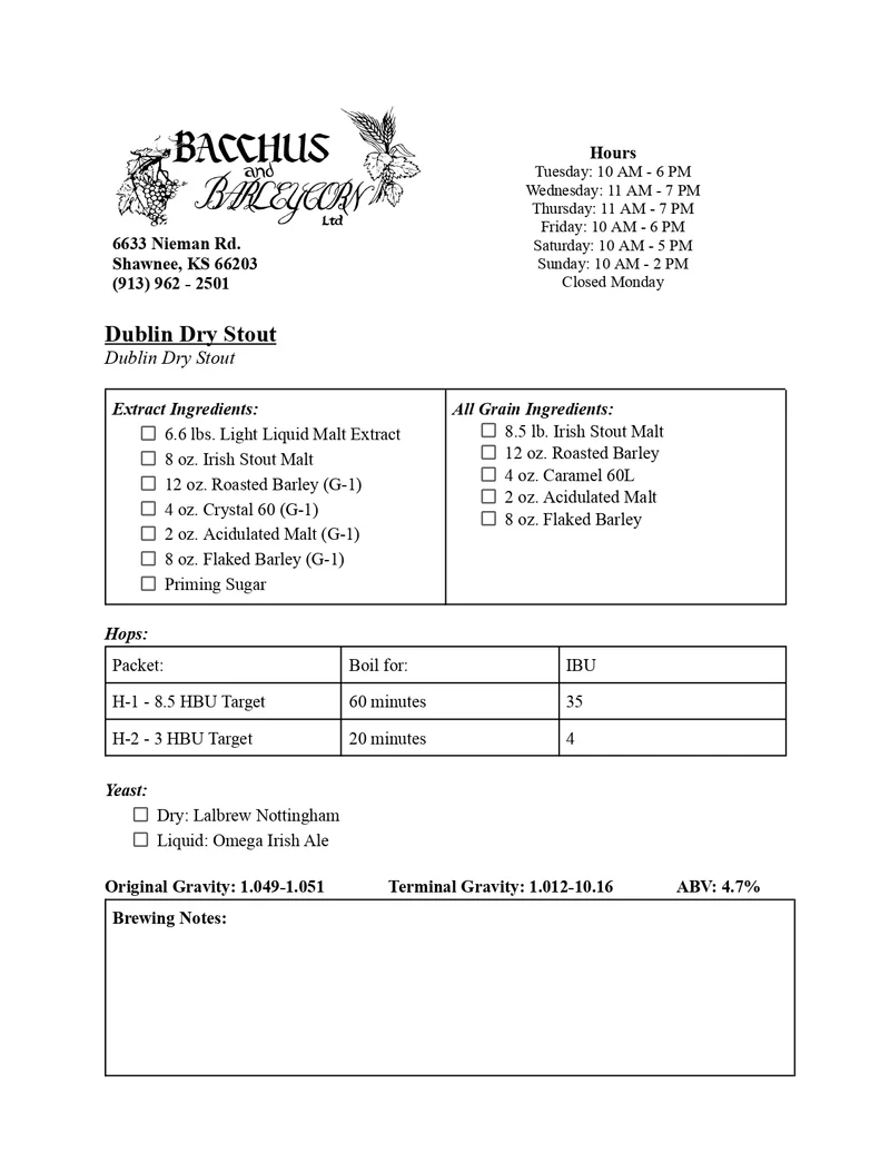Dublin Dry Stout Brewing Kit - 5 Gallon (Dry Irish Stout Style)