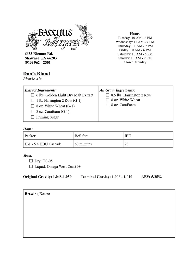 Don's Blond Brewing Kit - 5 Gallon (Blond Ale Style)