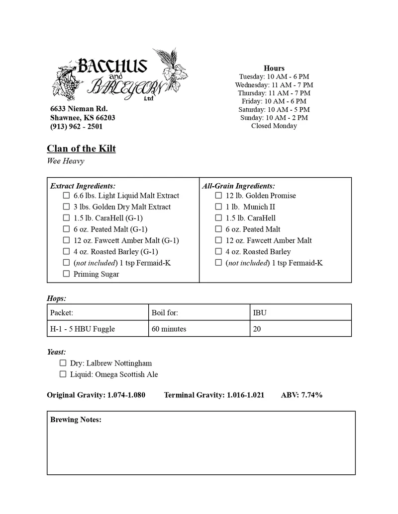 Clan of the Kilt Brewing Kit - 5 Gallon (Wee Heavy Style)
