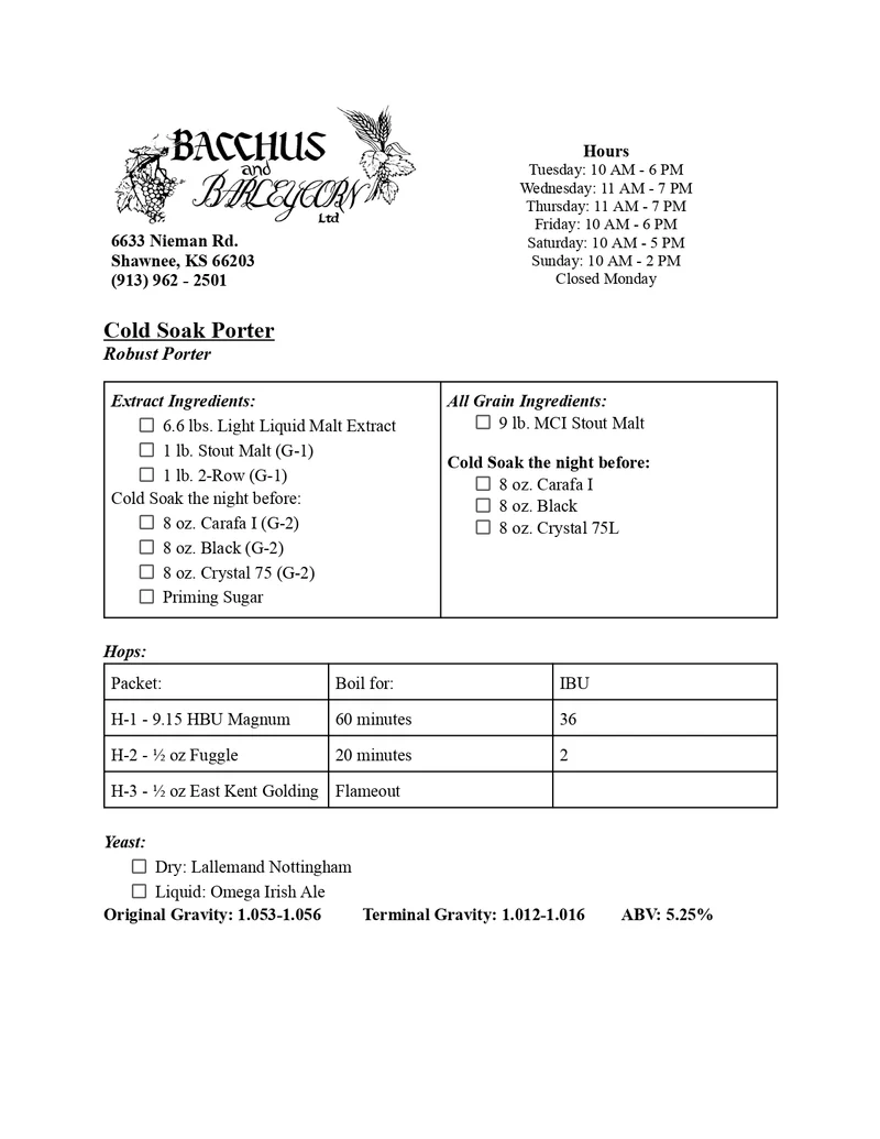 Cold Soak Porter Brewing Kit - 5 Gallon (Robust Porter Style)