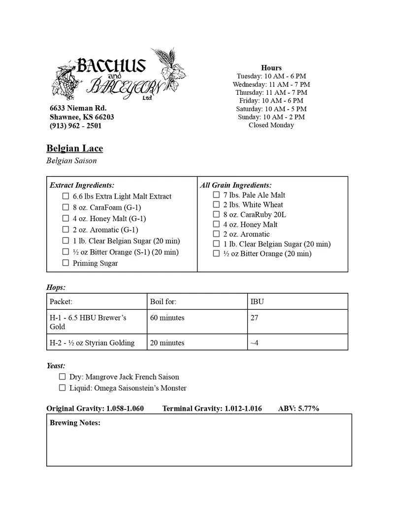 Belgian Lace Brewing Kit - 5 Gallon (Saison Style)