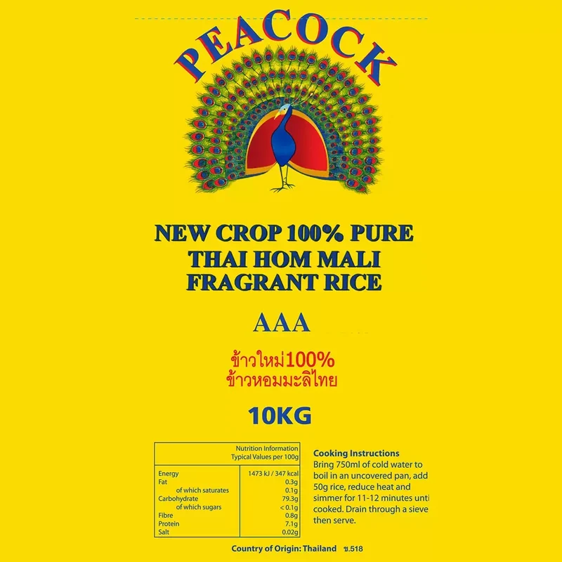 Peacock Thai Hom Mali Fragrant Rice AAA, 100% Pure New Crop, 10kg