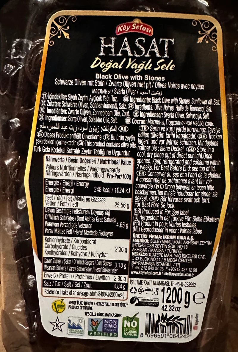 Hasat Koy Sefasi Natural Black Sele Olives, 1200g