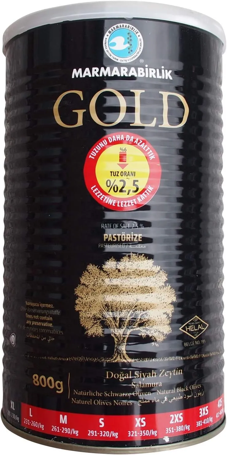 Marmarabirlik Salamura gold Natural Black Olives in Tin, 800g- XL