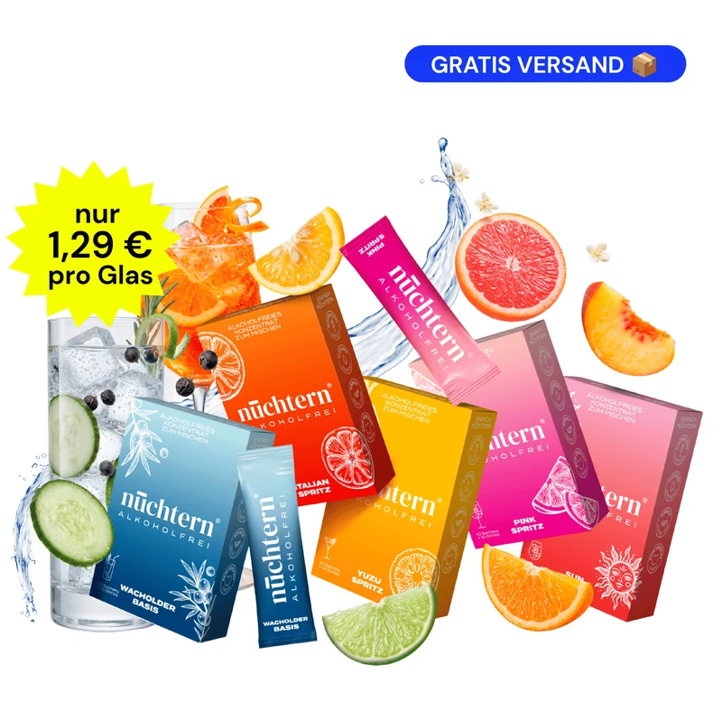 nüchtern Homebar Paket Alkoholfrei – 50 Drinks (Wacholder Basis, Italian, Yuzu, Pink und Sun Spritz)