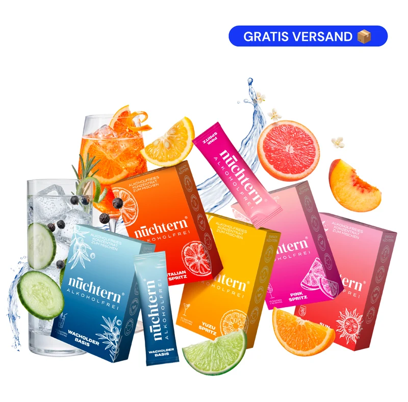 nüchtern Homebar Paket Alkoholfrei – 50 Drinks (Wacholder Basis, Italian, Yuzu, Pink und Sun Spritz)