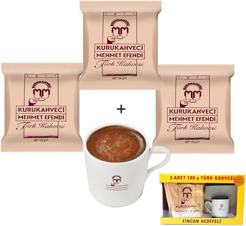 Kuru Kahveci Mehmet Efendi Original Turkish Coffee 3x100gr with Coffee Pot Gift Box