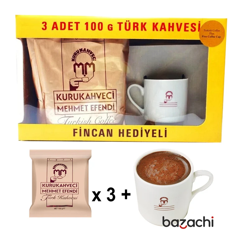 Kuru Kahveci Mehmet Efendi Original Turkish Coffee 3x100gr with Coffee Pot Gift Box