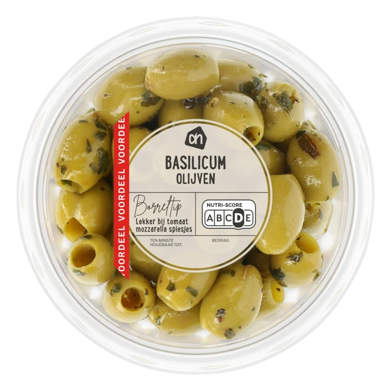 Groene olijven met basilicum