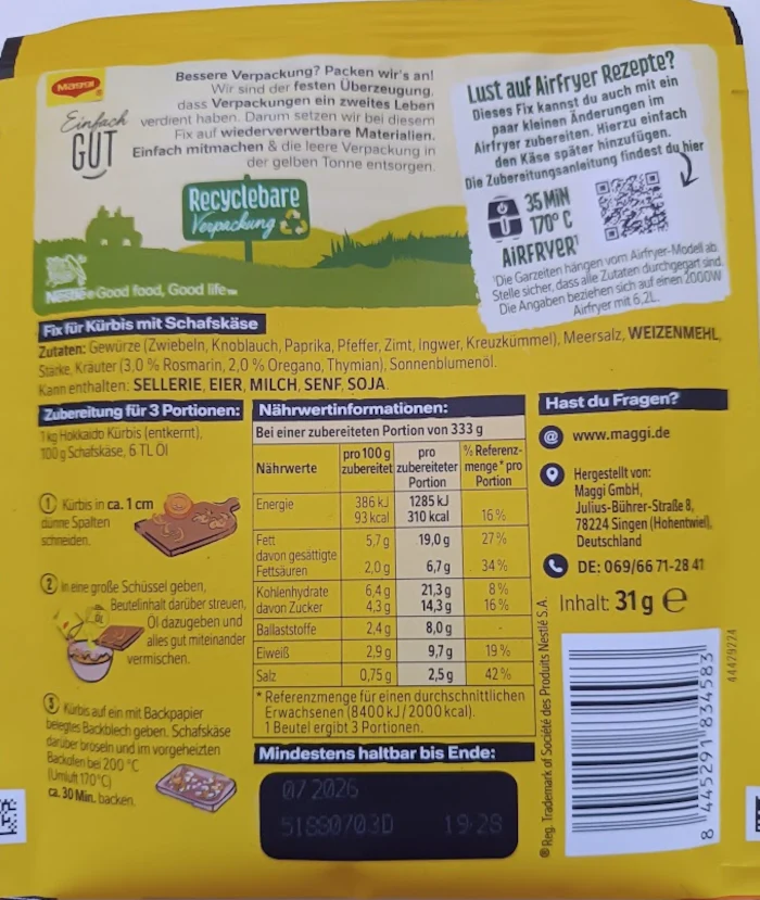 Maggi Fix für Ofen-Kürbis mit Schafskäse 31g / 1.09oz