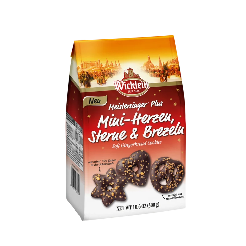 Wicklein Meistersinger Plus Mini Herzen, Sterne & Brezeln Zartbitter 300g