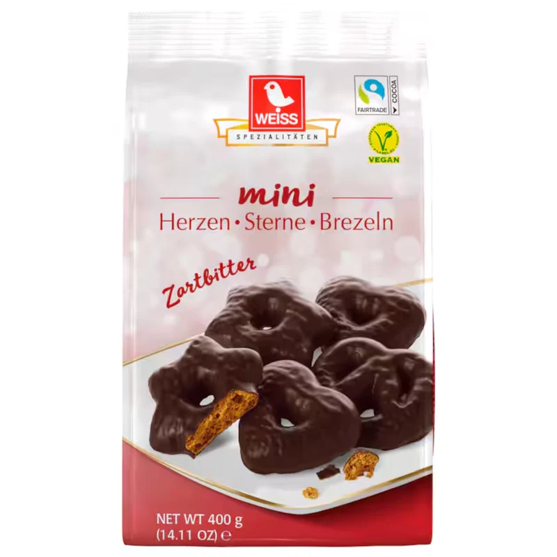Weiss Mini Lebkuchen Herzen Sterne & Brezeln Zartbitter vegan 400g