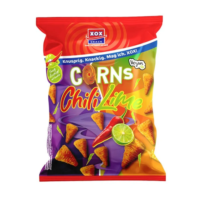XOX Corns Chili Lime, scharf-fruchtiger Mais Snack, vegan 85g / 3oz