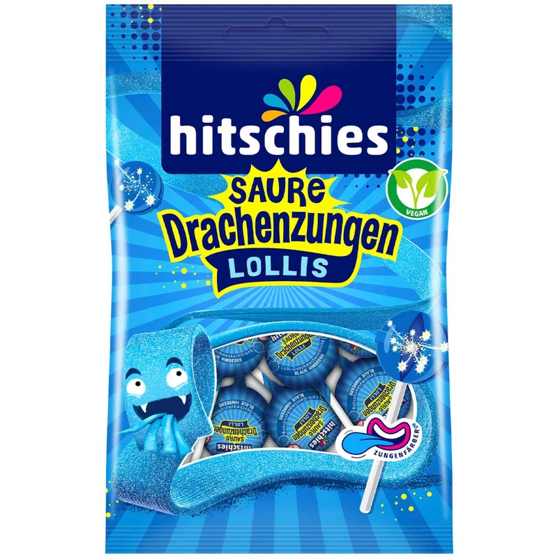 hitschies Saure Drachenzungen Blau Lollis Vegan 128g / 4.51oz MHD: 09/2026