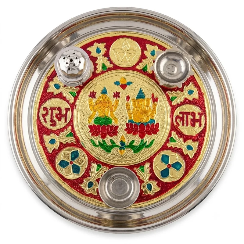 Colorful Stainless Steel Lakshmi Ganesha Worship Thali Set