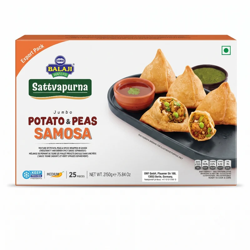 Frozen Balaji Jumbo Potato & Peas Samosa With Red & Green Chutney (25pcs) 2150gm (Only Berlin Delivery)