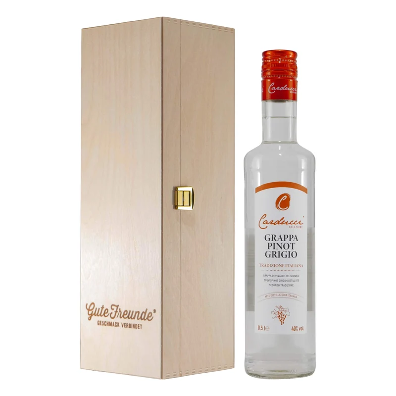 Carducci Grappa Pinot Grigio mit Geschenk-Holzkiste