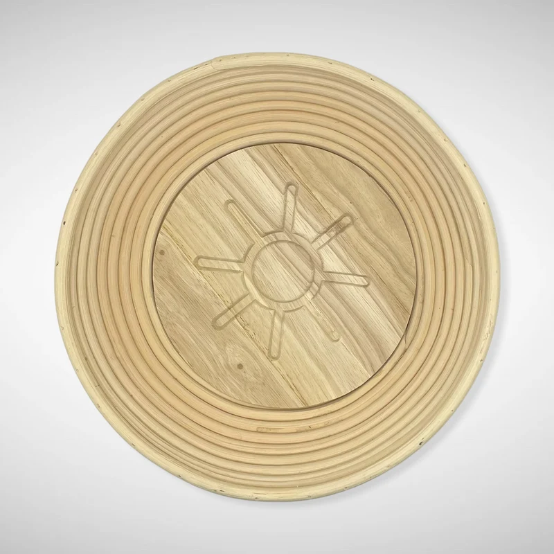 Gärkorb rund (Brotform, Simperl) aus Peddigrohr inkl. Einlegeboden mit Muster (Sonne, Herz)