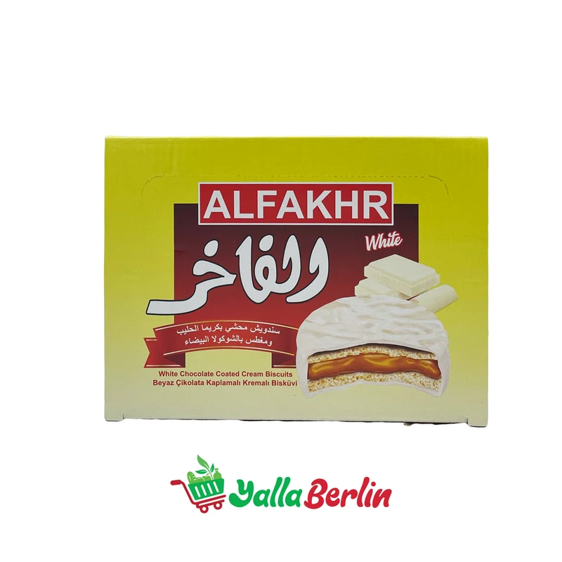 AL FAKHER SANDWICHES GEFÜLLT MIT MILCHCREME UND IN WEI?ER SCHOKOLADE GETAUCHT.