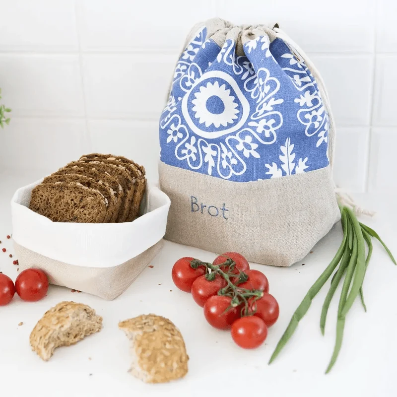 Brotkorb und Brottasche aus Leinen, Motiv "Azur"