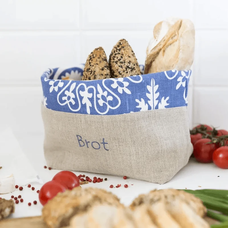 Brotkorb und Brottasche aus Leinen, Motiv "Azur"