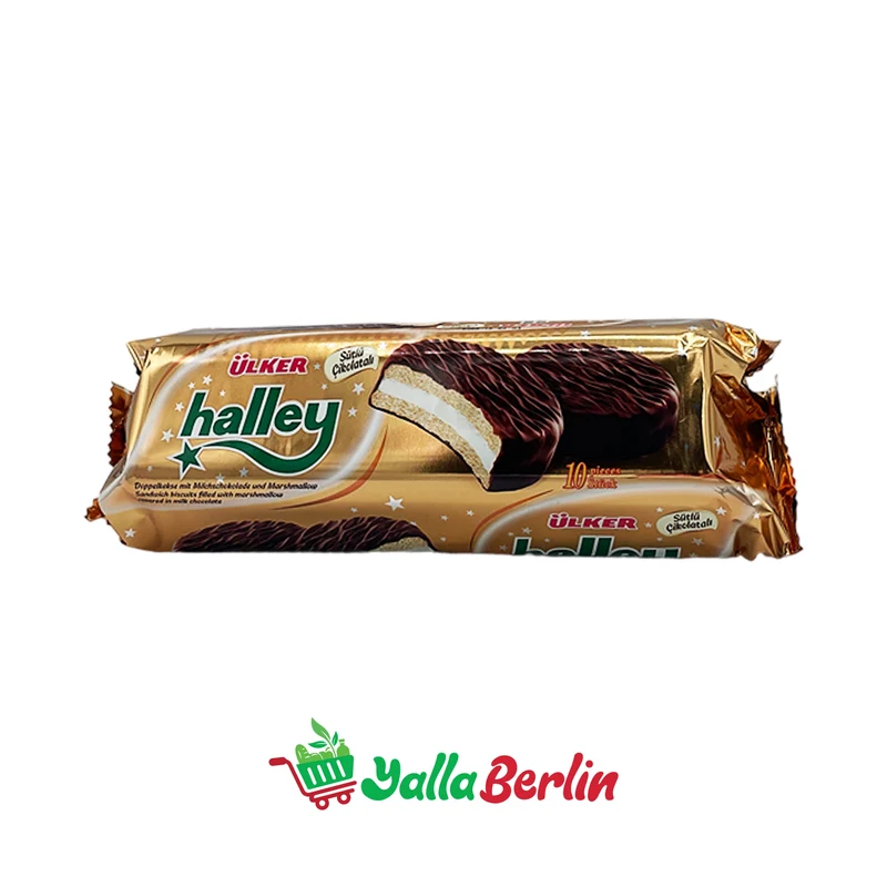 ÜLKER HALLEY KEKSE, GEFÜLLT MIT CREME UND IN SCHOKOLADE GETAUCHT, 8 STÜCK.