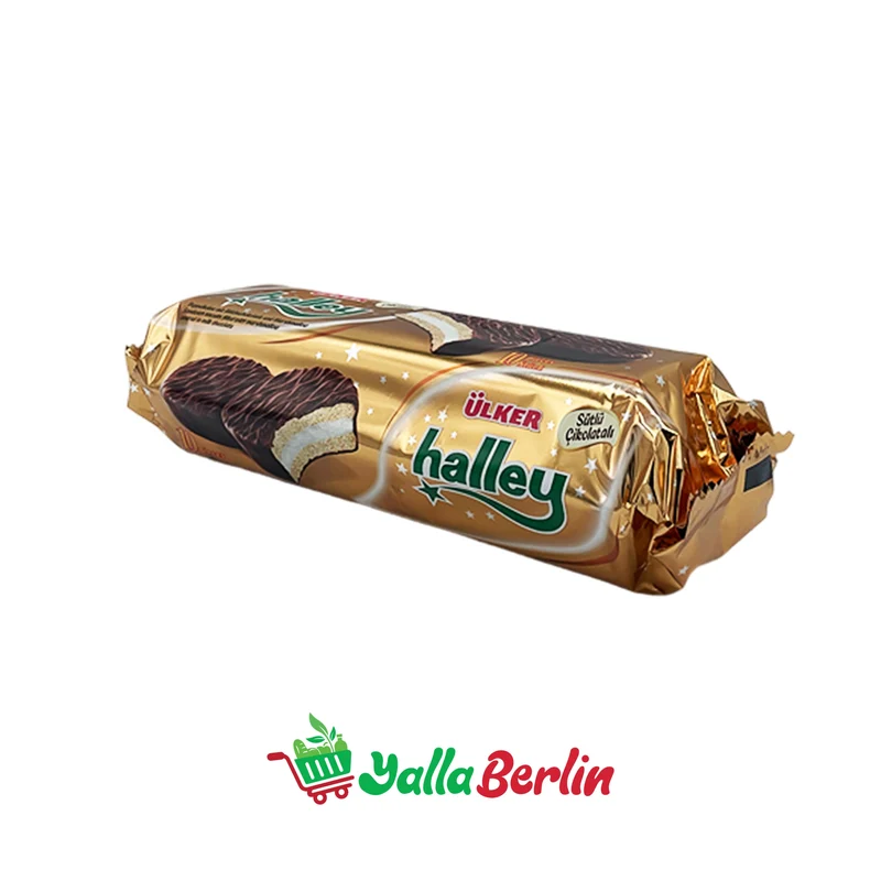 ÜLKER HALLEY KEKSE, GEFÜLLT MIT CREME UND IN SCHOKOLADE GETAUCHT, 8 STÜCK.