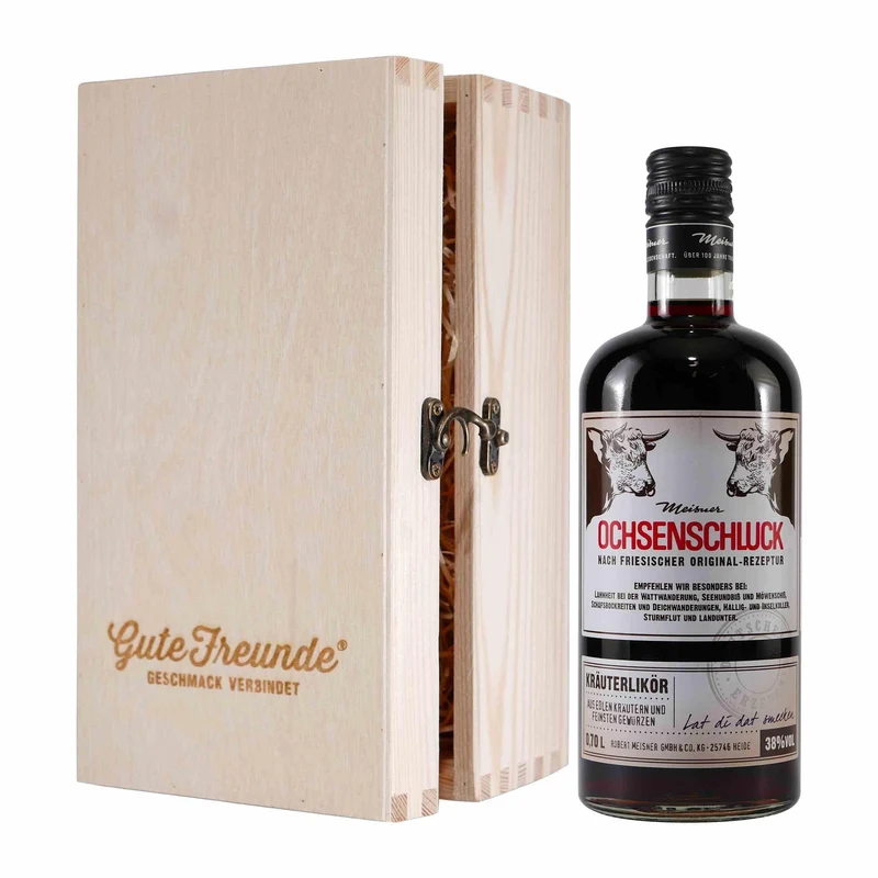 Meisner Ochsenschluck Kräuterlikör mit Geschenk-Holzkiste