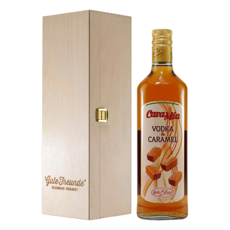 CaraMia Vodka & Caramel Likör mit Geschenk-Holzkiste