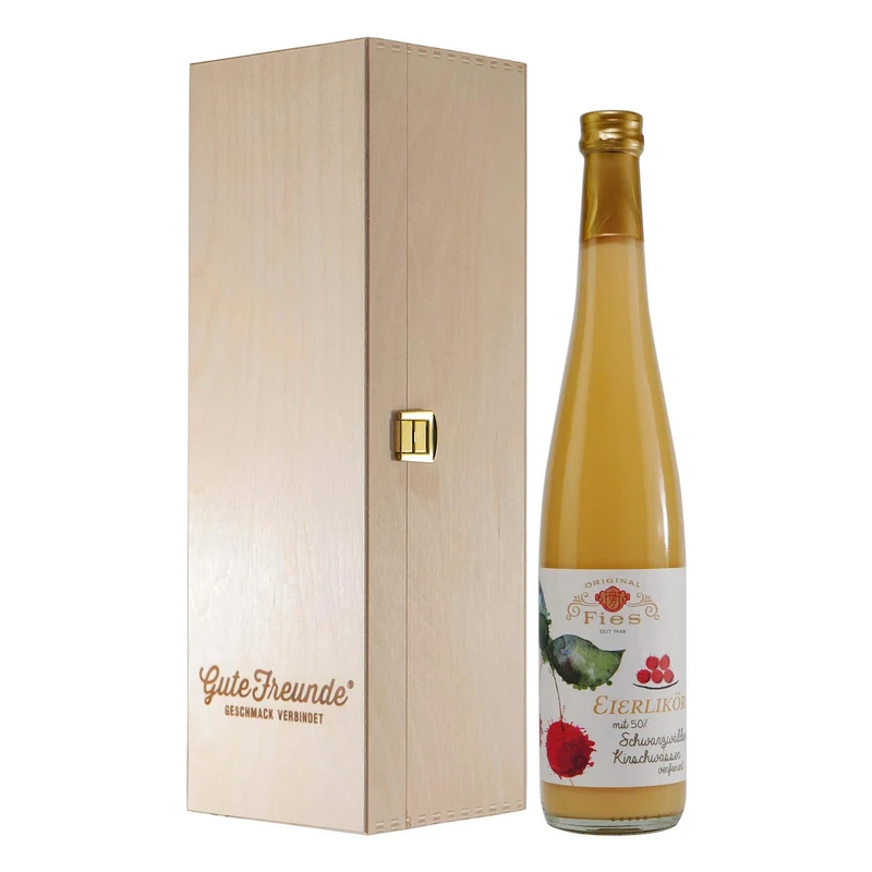 Fies Eierlikör mit Kirschwasser und Geschenk-Holzkiste